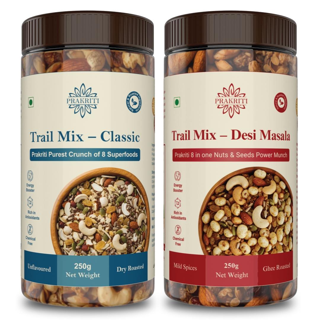 Prakriti Trail Mix Combo – Classic (Dry Roasted) & Desi Masala (Ghee Roasted)