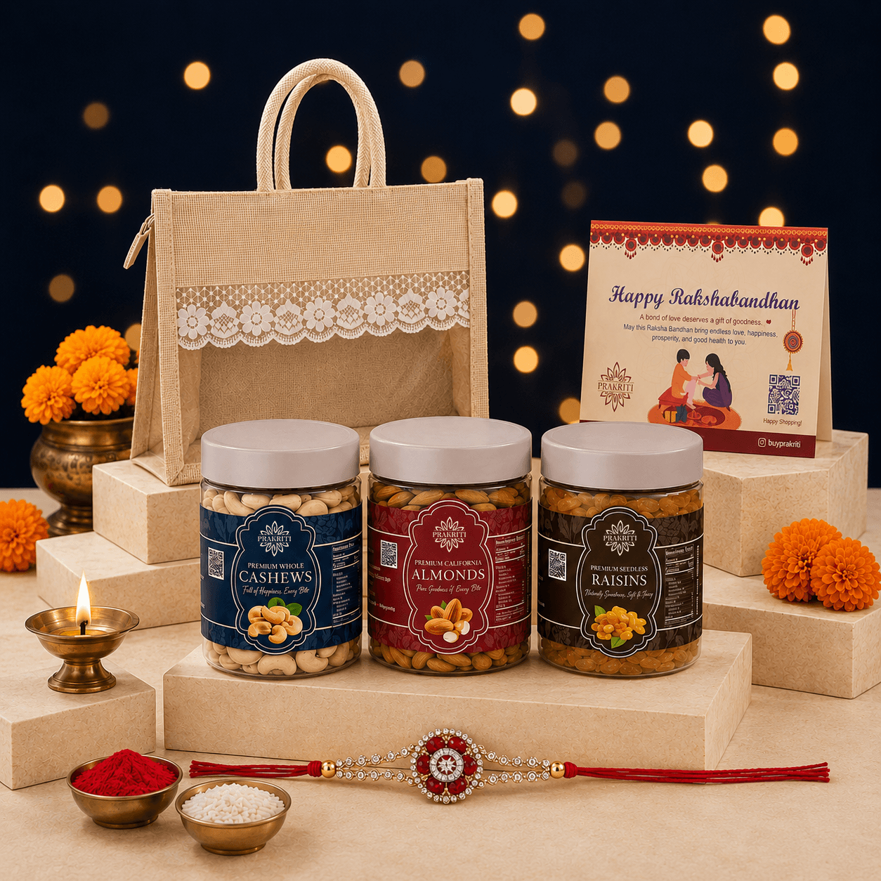 Prakriti Raksha Bandhan Dry Fruit Jute Bag | Almonds, Cashews & Raisins 200g Each